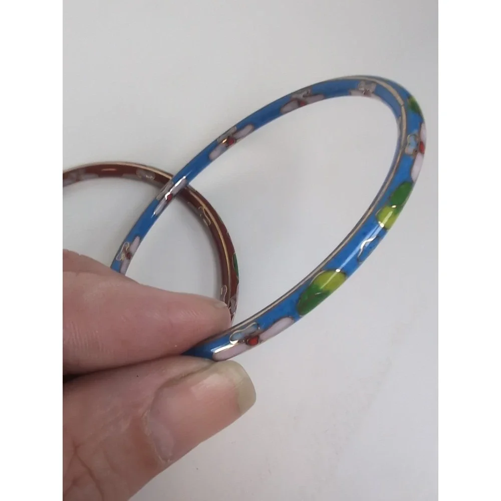 Cloisonné Bangles Bracelet Set of 3 Floral Metal Enamel Jewelry Vintage Retro